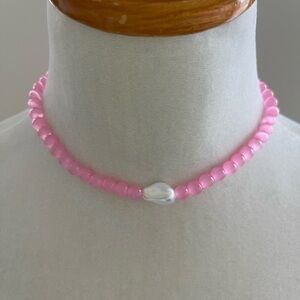 Pink Glass Beaded Necklace with Pearl Accent